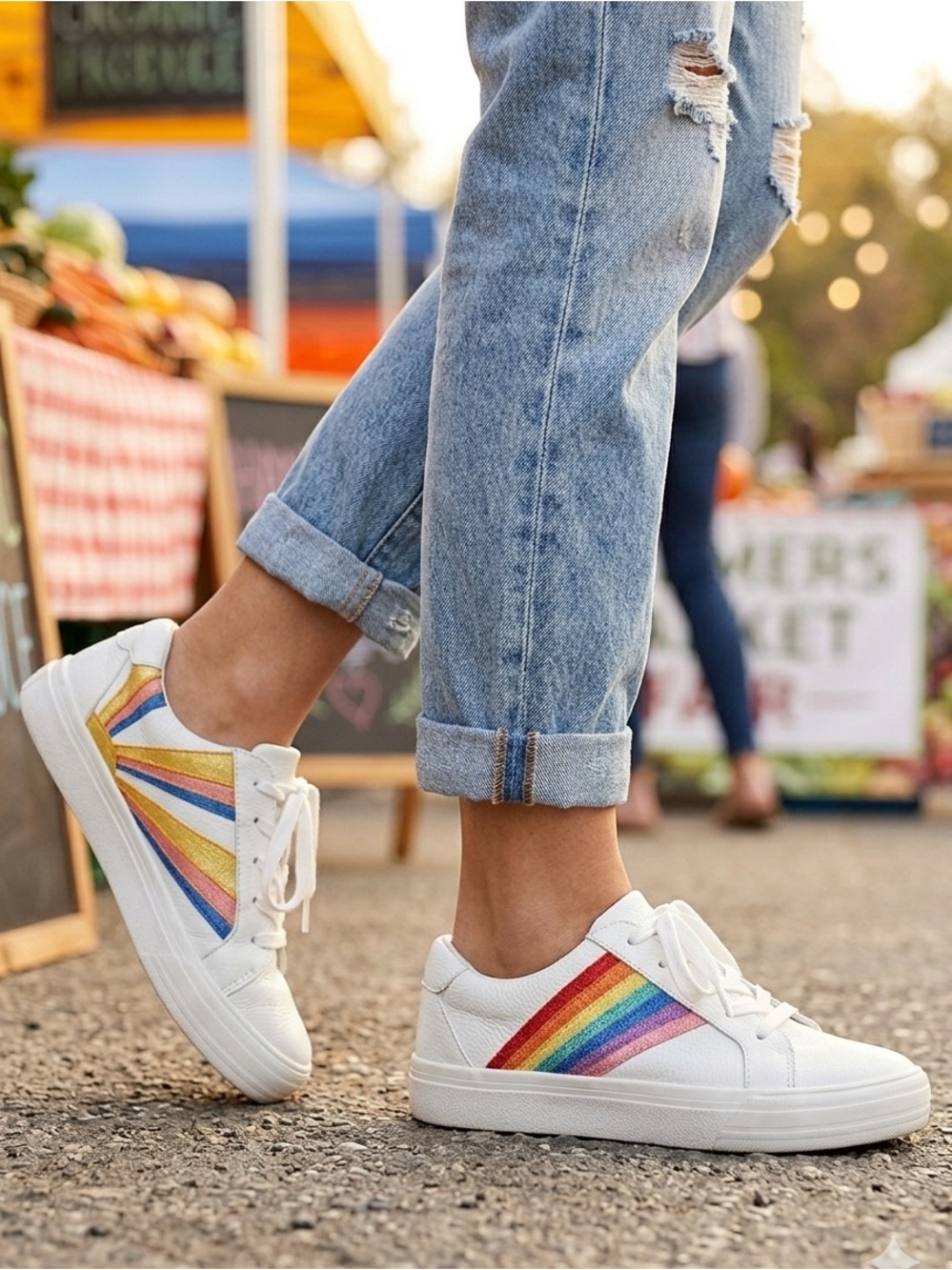 Gianni Bini leather White Sneakers artsy Rainbow sun embroidered Sides pride 8.5
